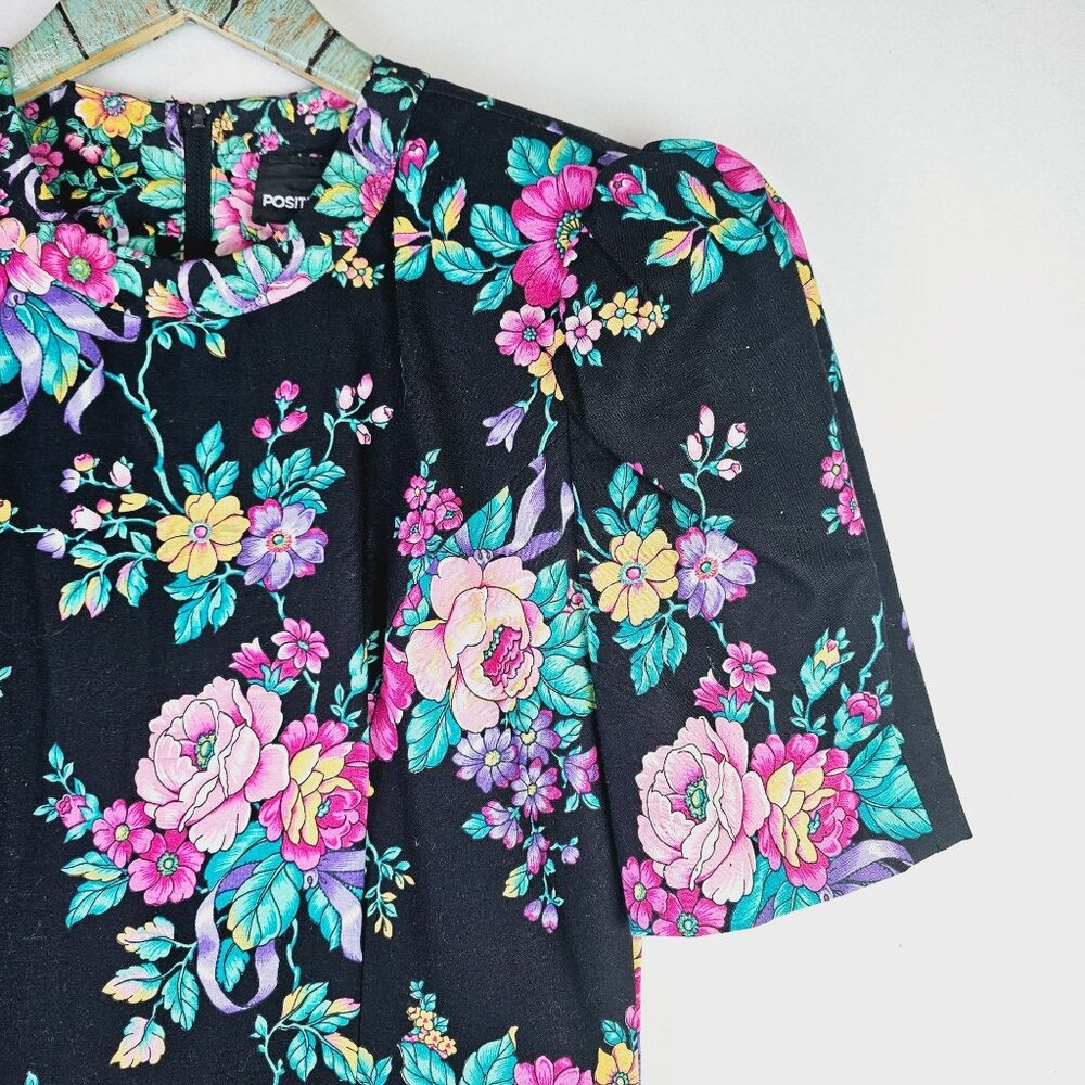 Vintage Positive Attitude 1980's Bold Floral Grunge Alt Basque Body Dress, 5/6 - Picture 3 of 11